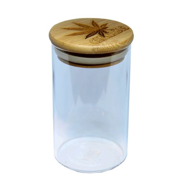 Cannabis Bamboo Lid Clear Glass Storage Stash Jar